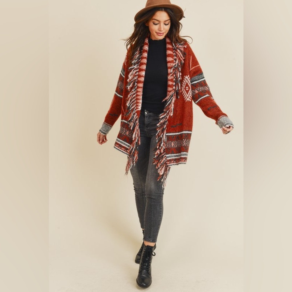 Doe & Rae Aztec Open Front Fringe Cardigan Sweater Brown Multi Size L EXCELLENT! - Picture 5 of 16